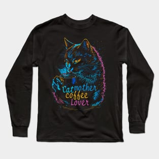 Cat mother coffee lover neon Long Sleeve T-Shirt